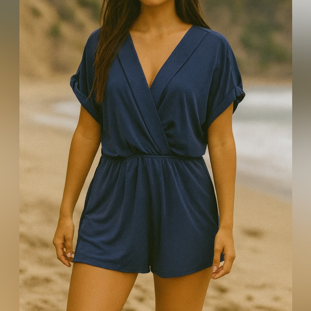 New! 1.STATE Women's Cuffed Sleeve Romper Blue, size‎ L